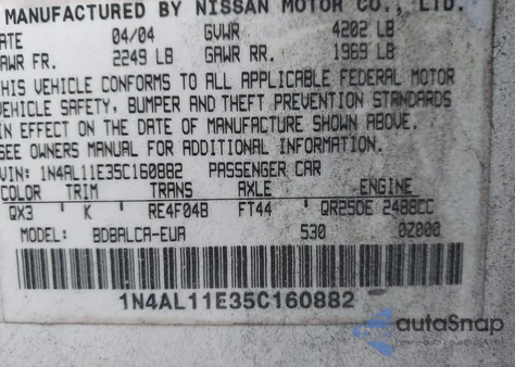 2005 Nissan Altima 2.5 S from USA, damaged, VIN 1N4AL11E35C160882